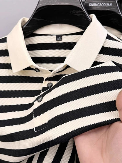 Men's Striped Color-Block Polo Shirt — Short Sleeve Korean Preppy Golf Casual Top