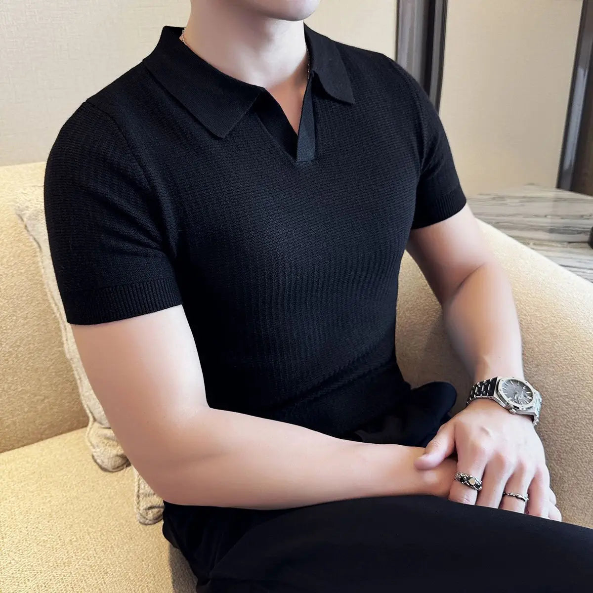 Men's Korean Style Slim Fit Polo Shirt — Solid Color Casual Knit Short Sleeve Top