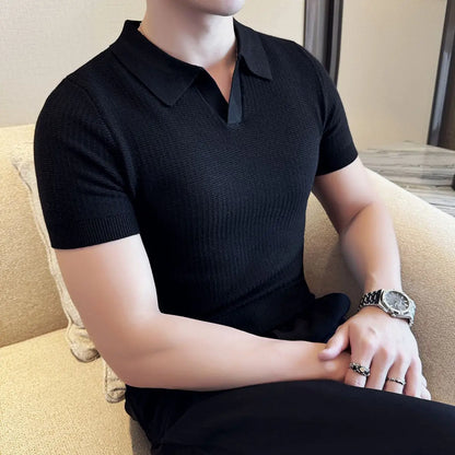 Men's Korean Style Slim Fit Polo Shirt — Solid Color Casual Knit Short Sleeve Top