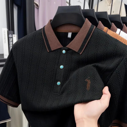 Men's Embroidered Knit Polo Shirt — Breathable Contrast Color Short Sleeve Korean Casual Top