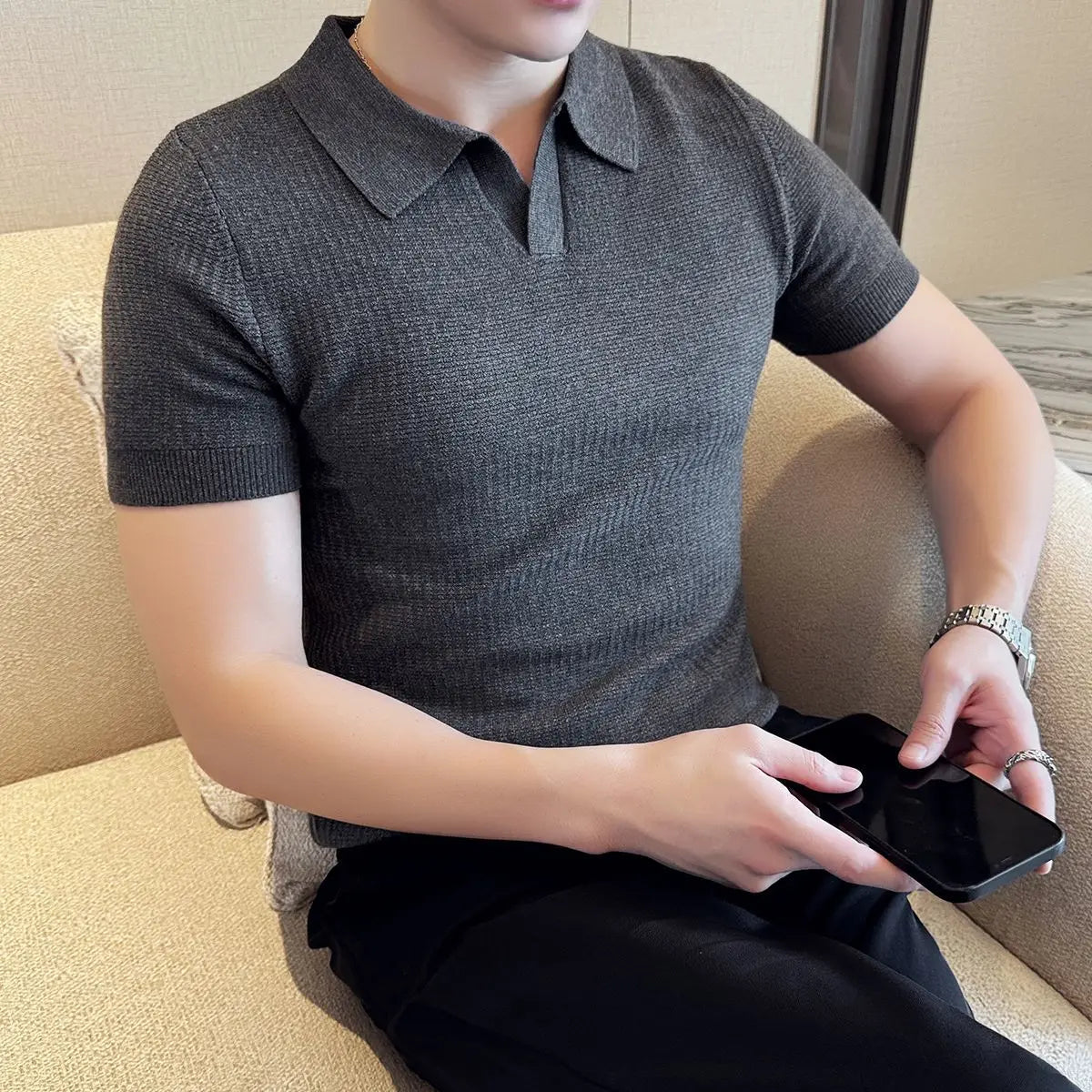 Men's Korean Style Slim Fit Polo Shirt — Solid Color Casual Knit Short Sleeve Top