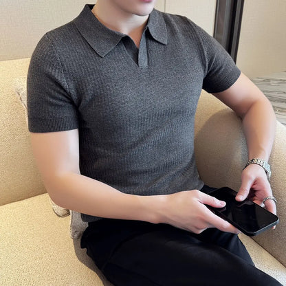 Men's Korean Style Slim Fit Polo Shirt — Solid Color Casual Knit Short Sleeve Top