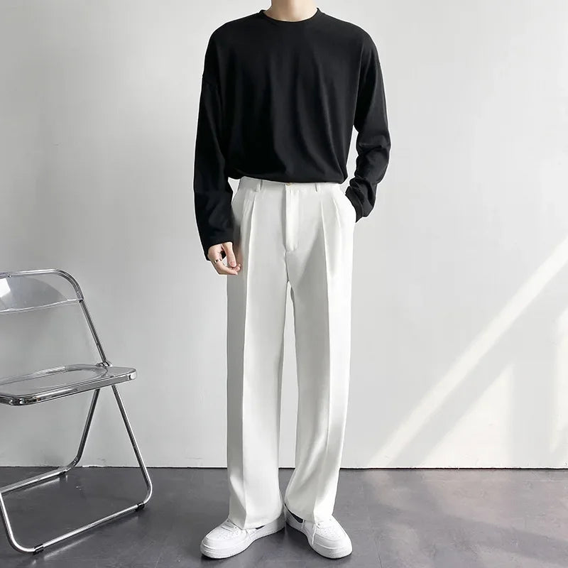 Men's Korean Style Straight Leg Pants — Casual Loose Fit Wide Trousers