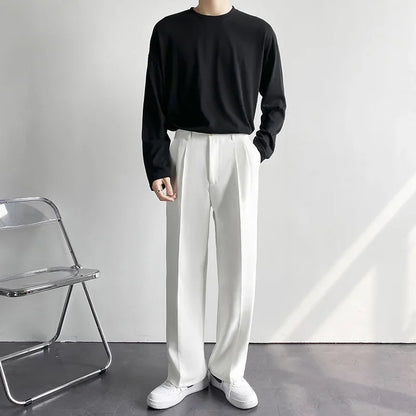 Men's Korean Style Straight Leg Pants — Casual Loose Fit Wide Trousers