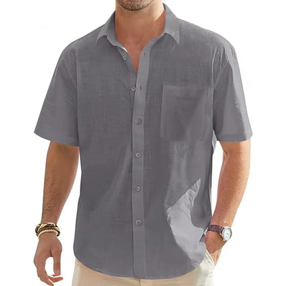 Men's Cotton Linen Short Sleeve Shirt — Lightweight Casual Summer Button-Down with Pocket | 5 Colors US S–XXXL
