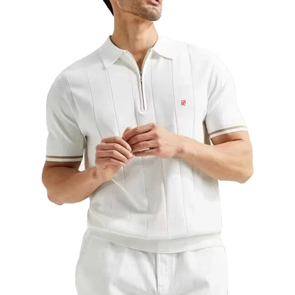 Men's Ribbed Knit Polo Shirt — Breathable Textured Short Sleeve Smart Casual Top