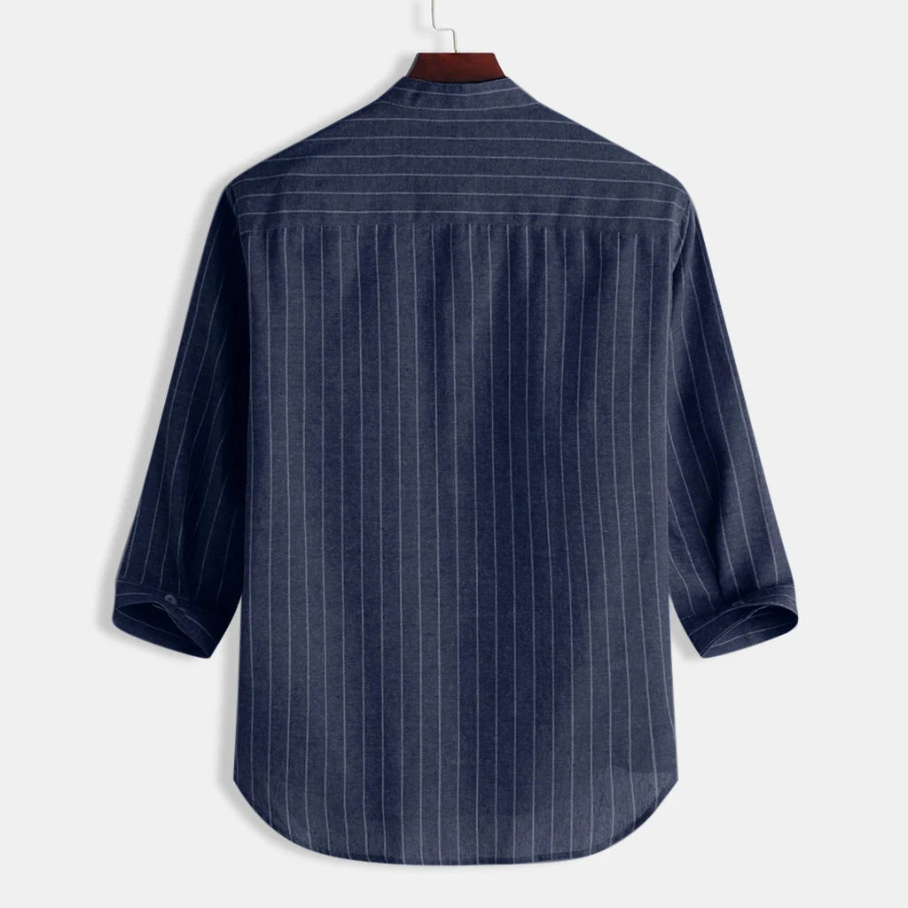 Men's Cotton Linen Long Sleeve Polo Shirt — Stand Collar Casual Beach Style Top