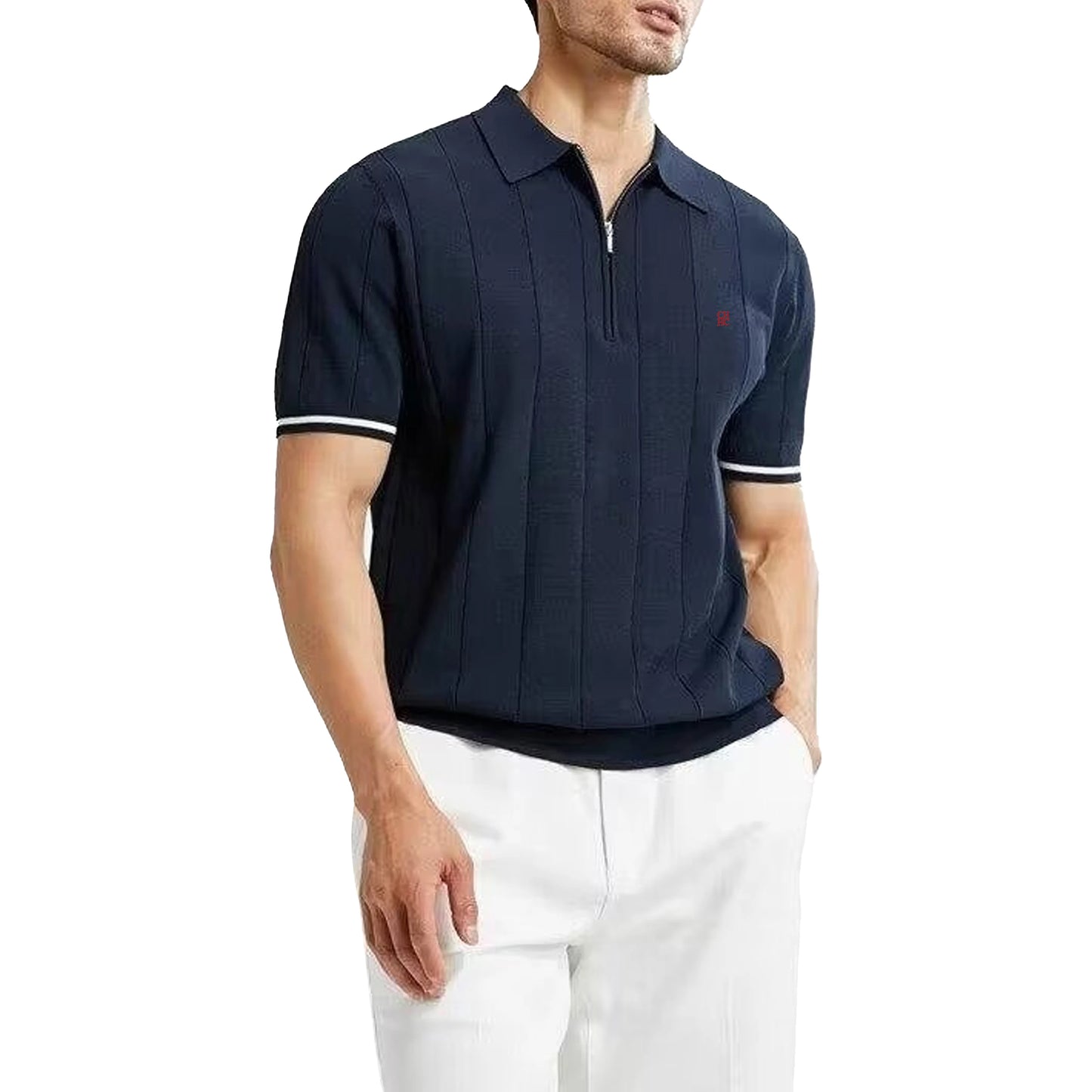 Men's Ribbed Knit Polo Shirt — Breathable Textured Short Sleeve Smart Casual Top