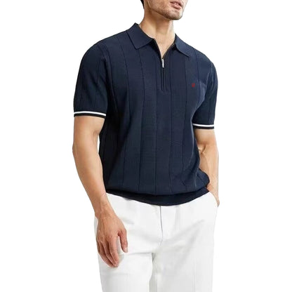 Men's Ribbed Knit Polo Shirt — Breathable Textured Short Sleeve Smart Casual Top