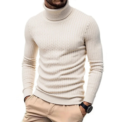 Men's Turtleneck Knitted Pullover Sweater — Slim Fit Jacquard Striped Cozy Knitwear Autumn Winter