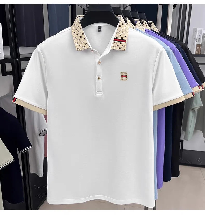 Men's Luxury Letter Embossed Polo Shirt — Color Block Lapel Short Sleeve Summer Top