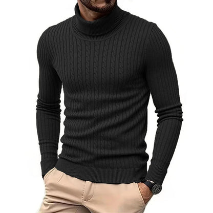 Men's Turtleneck Knitted Pullover Sweater — Slim Fit Jacquard Striped Cozy Knitwear Autumn Winter