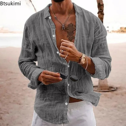Men's Cotton Linen Casual Shirt — Loose Solid Long Sleeve Button-Up | 12 Colors S–XXXL