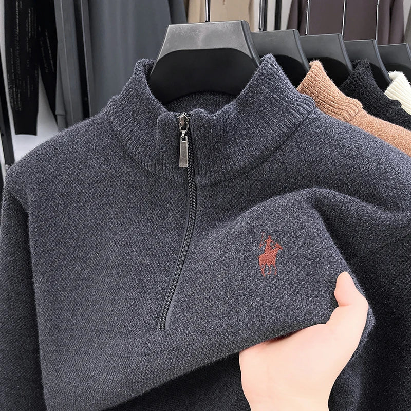 Men's Mock Neck Half-Zip Knit Pullover — Horse Embroidery Thick Casual Sweater