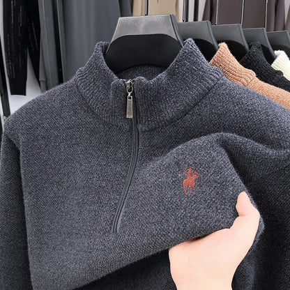 Men's Mock Neck Half-Zip Knit Pullover — Horse Embroidery Thick Casual Sweater
