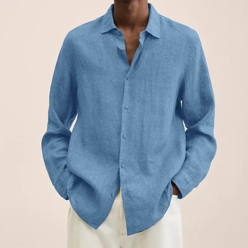 Men's Solid Color Long Sleeve Casual Shirt — Lapel Button-Up Loose Fit Smart Casual Top