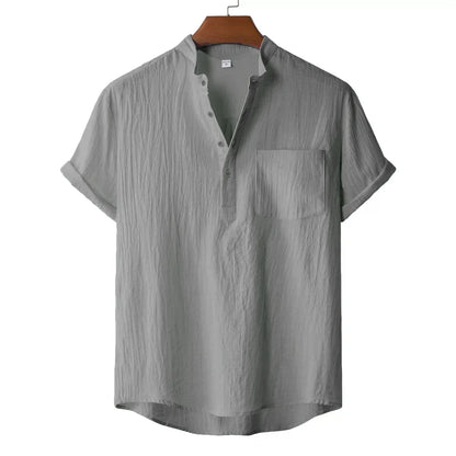 Men's Cotton Linen Henley T-Shirt — Lightweight Breathable Beach Casual Short Sleeve Top