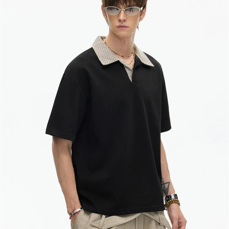 Men's Houndstooth Plaid Collar Polo Shirt — American Style Fake Two-Piece Business Casual Tee Top