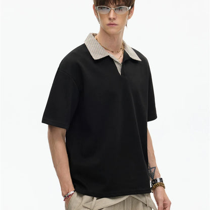 Men's Houndstooth Plaid Collar Polo Shirt — American Style Fake Two-Piece Business Casual Tee Top