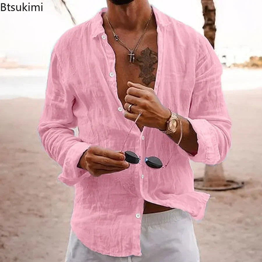 Men's Cotton Linen Casual Shirt — Loose Solid Long Sleeve Button-Up | 12 Colors S–XXXL