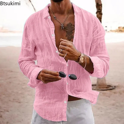 Men's Cotton Linen Casual Shirt — Loose Solid Long Sleeve Button-Up | 12 Colors S–XXXL