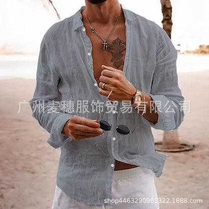 Men's Cotton Linen Casual Shirt — Loose Solid Long Sleeve Button-Up | 12 Colors S–XXXL