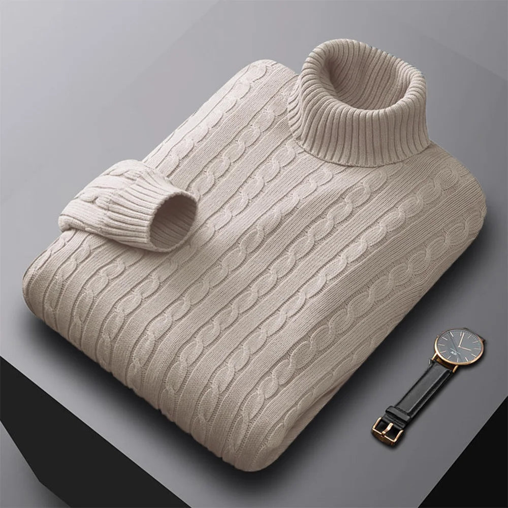 Men's Solid Color High Neck Pullover Sweater — Elastic Knitted Casual Sweatwear Autumn Winter
