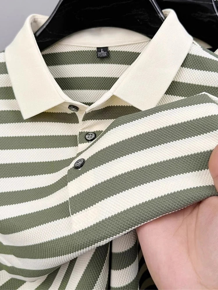 Men's Striped Color-Block Polo Shirt — Short Sleeve Korean Preppy Golf Casual Top