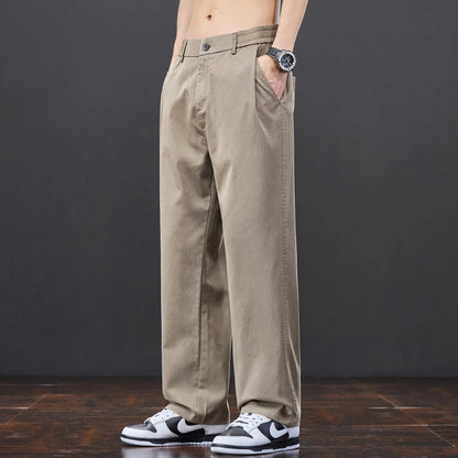 Men's Lyocell Fabric Casual Pants — Thin Loose Straight Elastic Waist Trousers Korean Style