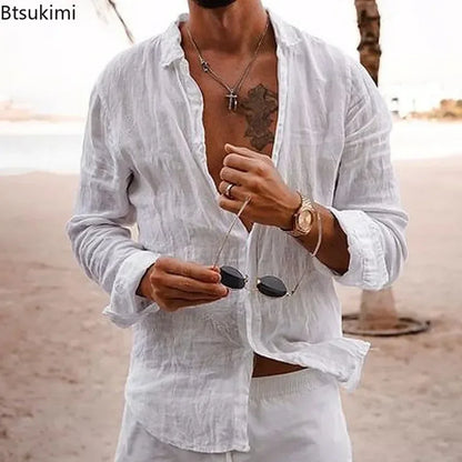 Men's Cotton Linen Casual Shirt — Loose Solid Long Sleeve Button-Up | 12 Colors S–XXXL