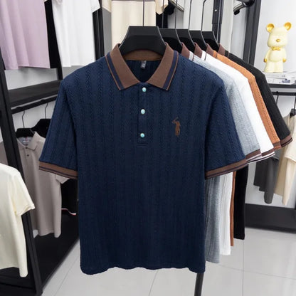 Men's Embroidered Knit Polo Shirt — Breathable Contrast Color Short Sleeve Korean Casual Top