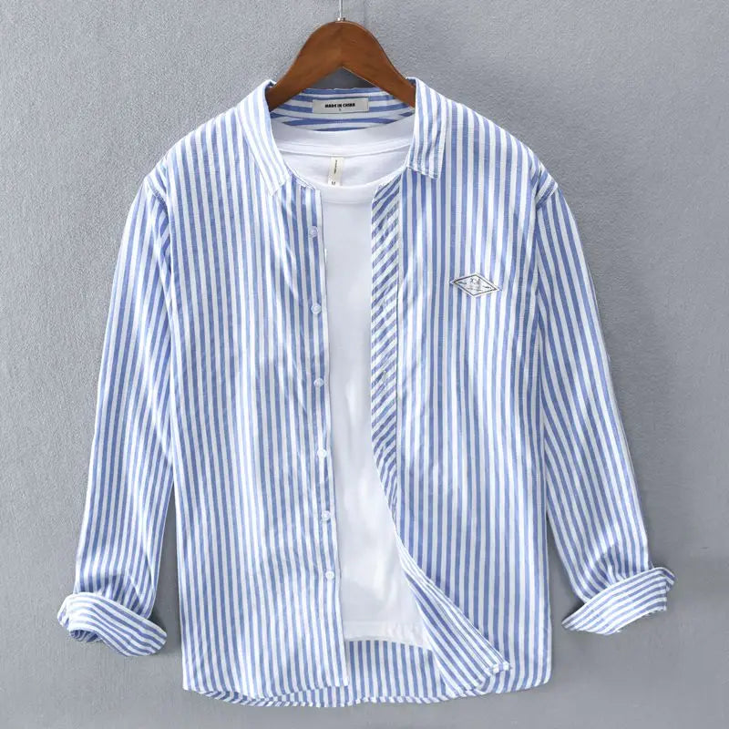 Men's Striped Long Sleeve Shirt — Square Neck Button Slim Fit Casual Outerwear