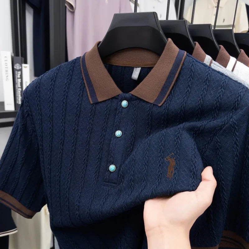 Men's Embroidered Knit Polo Shirt — Breathable Contrast Color Short Sleeve Korean Casual Top
