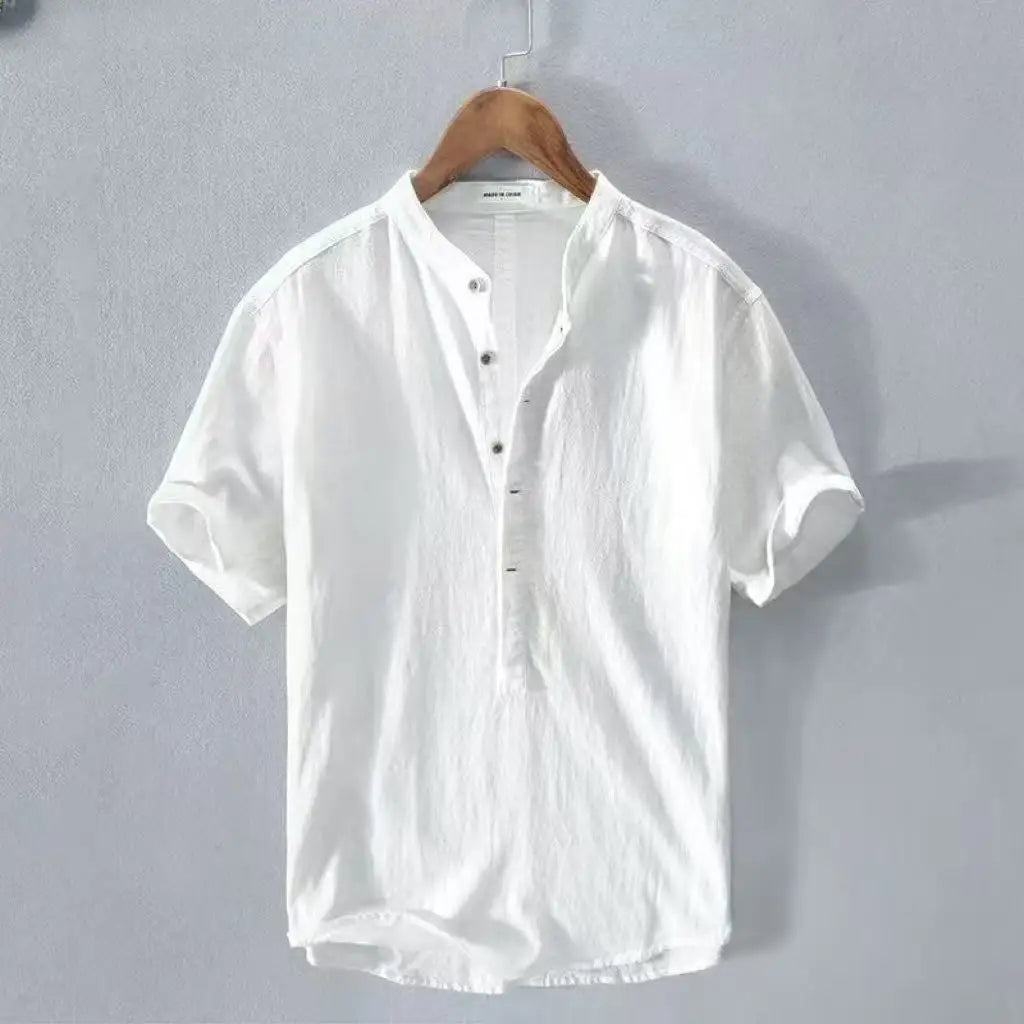 Men's Cotton Linen Short Sleeve Henley Beach Shirt — Lightweight Casual Hawaiian T-Shirt