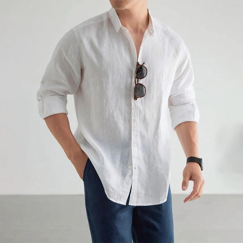 Men's Cotton-Linen Long Sleeve Baggy Shirt — Solid Casual Button-Up | 8 Colors S–XXL