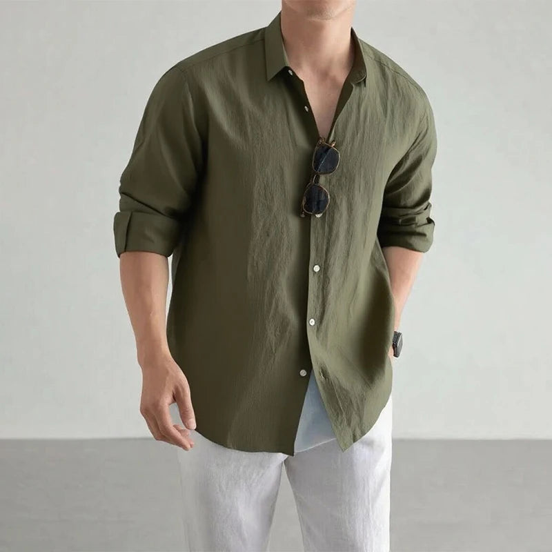 Men's Cotton-Linen Long Sleeve Baggy Shirt — Solid Casual Button-Up | 8 Colors S–XXL