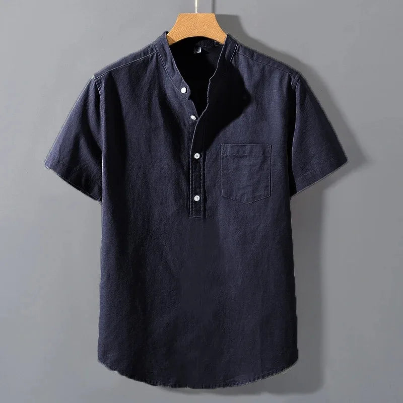 Men's Stand-Up Collar Cotton T-Shirt — Breathable Loose Fit Short Sleeve Summer Top