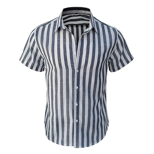Men's Hawaiian Print Short Sleeve Shirt — Striped Beach Casual Vacation Top