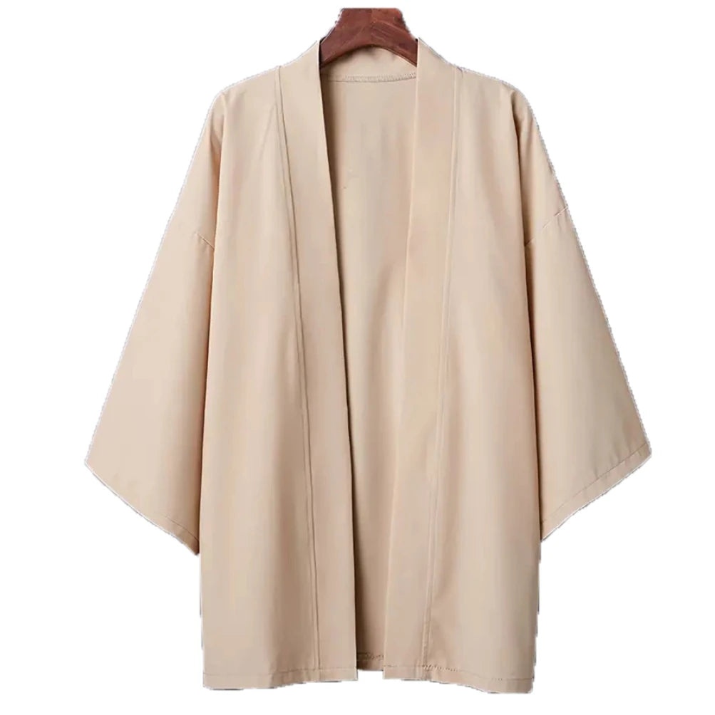 Men's Japanese Kimono Shirt — Open-Front Samurai Yukata Cardigan 3/4 Sleeve Summer Outwear