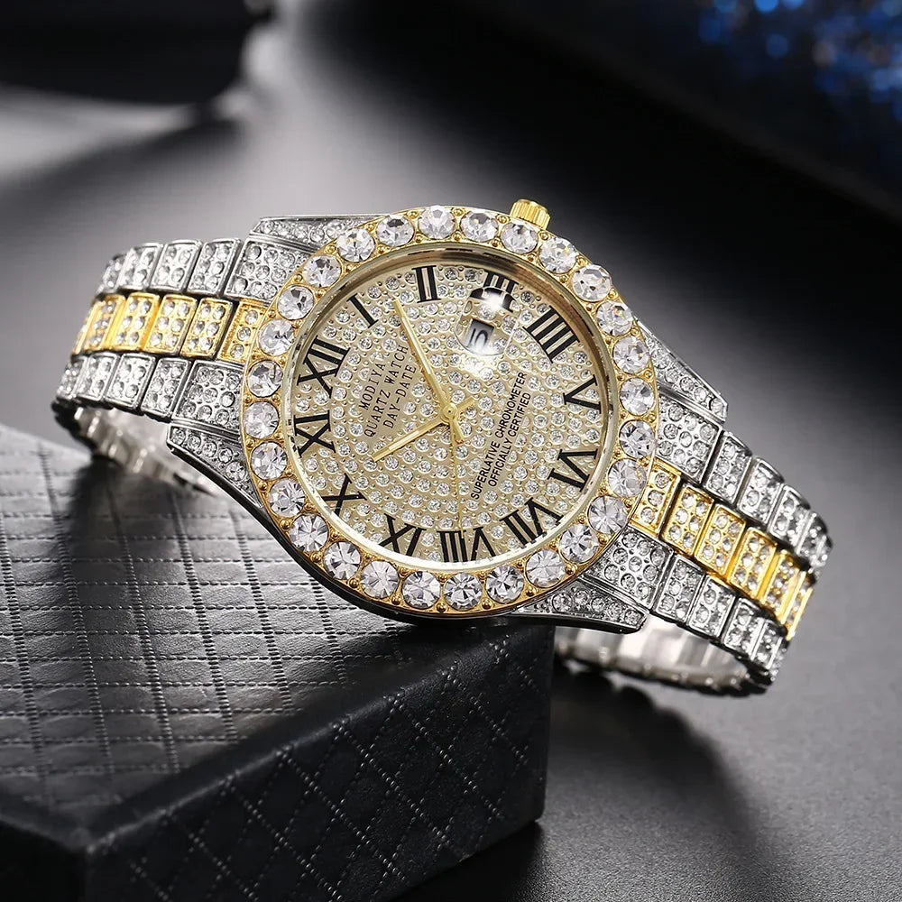 Men's Diamond Rhinestone Quartz Watch — Luxury Gold Bling Calendar Wristwatch
