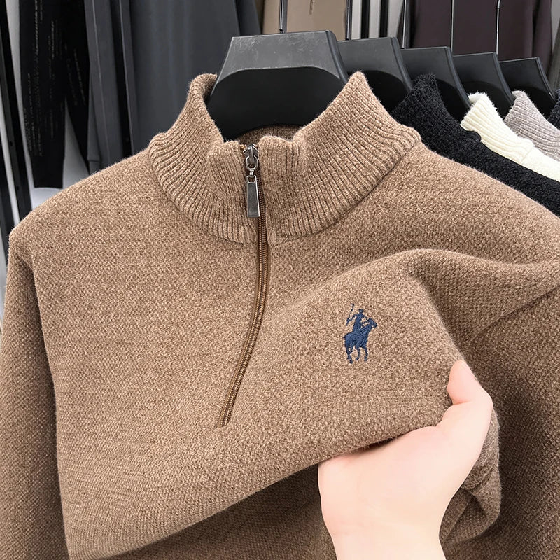 Men's Mock Neck Half-Zip Knit Pullover — Horse Embroidery Thick Casual Sweater