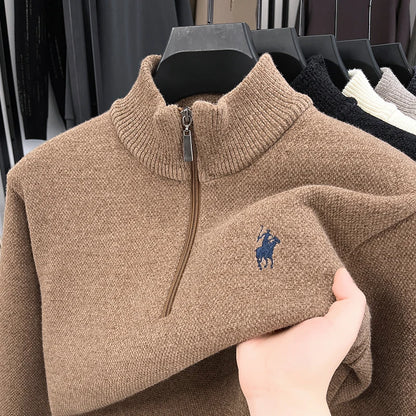 Men's Mock Neck Half-Zip Knit Pullover — Horse Embroidery Thick Casual Sweater