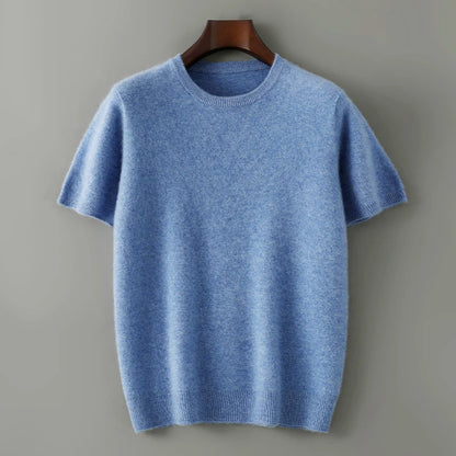 Men's 100% Pure Cashmere Knitted T-Shirt — Luxury Round Neck Short Sleeve Top