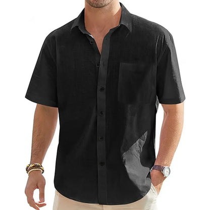 Men's Cotton Linen Short Sleeve Shirt — Lightweight Casual Summer Button-Down with Pocket | 5 Colors US S–XXXL