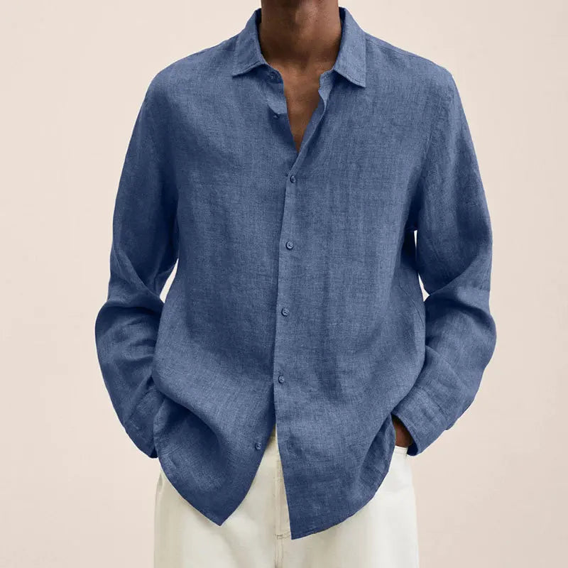 Men's Solid Color Long Sleeve Casual Shirt — Lapel Button-Up Loose Fit Smart Casual Top