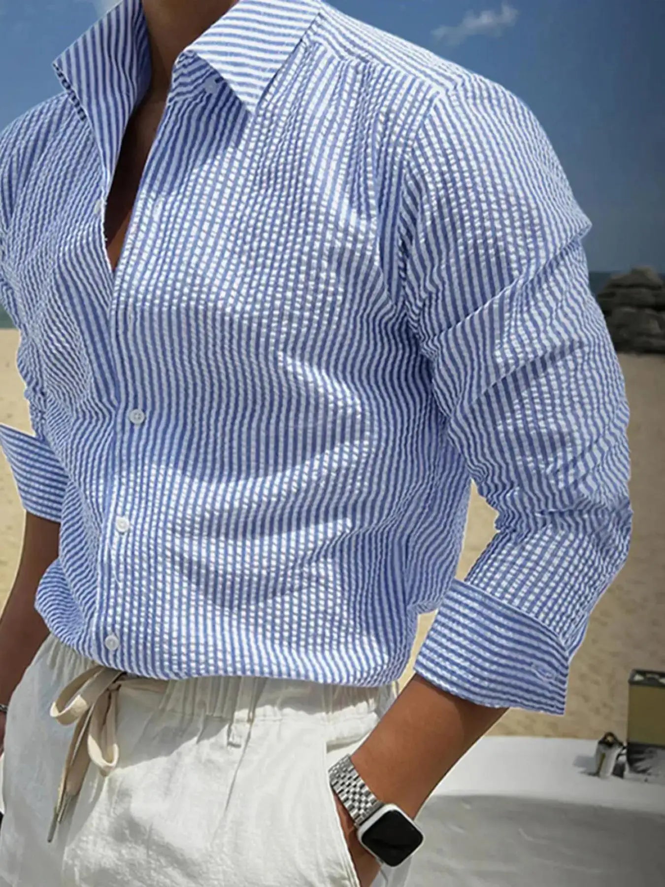 Men's Loose Fit Striped Long Sleeve Shirt — Casual All-Season Outdoor Top