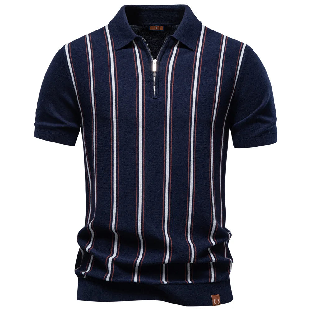 Men's Striped Zippered Knitted Polo Shirt — Business Casual Short Sleeve Summer Top | 3 Colors S–XXL