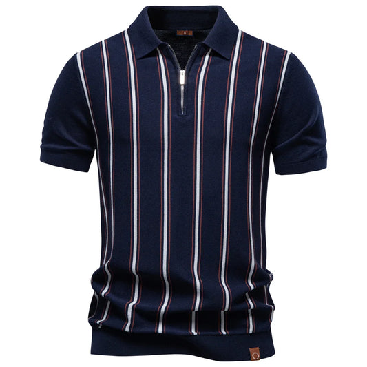 Men's Striped Zippered Knitted Polo Shirt — Business Casual Short Sleeve Summer Top | 3 Colors S–XXL