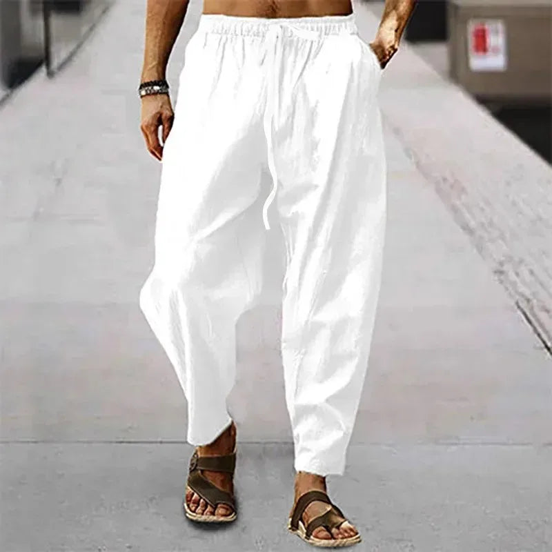 Men's Cotton Linen Wide-Leg Pants — Loose Fit High Waist Casual Breathable Trousers