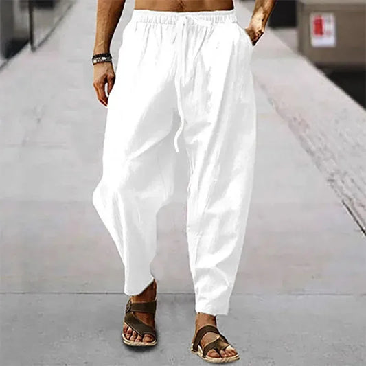 Men's Cotton Linen Wide-Leg Pants — Loose Fit High Waist Casual Breathable Trousers